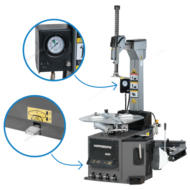 Станок шиномонтажный 380V автомат, 2х скоростн, зажимы 16-30", ПОДКАЧКА ПЕДАЛЬЮ, серый NORDBERG 4643