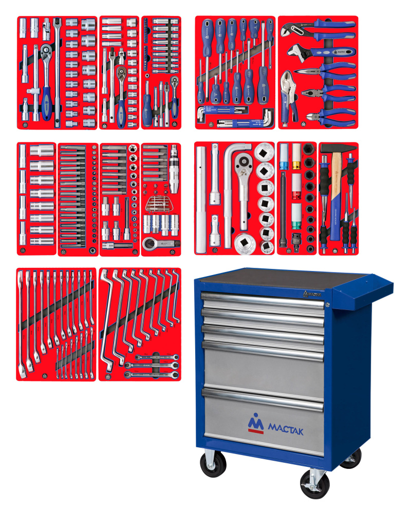МАСТАК Набор инструментов "ПРОФИ" в синей тележке, 299 предметов 52-05299B